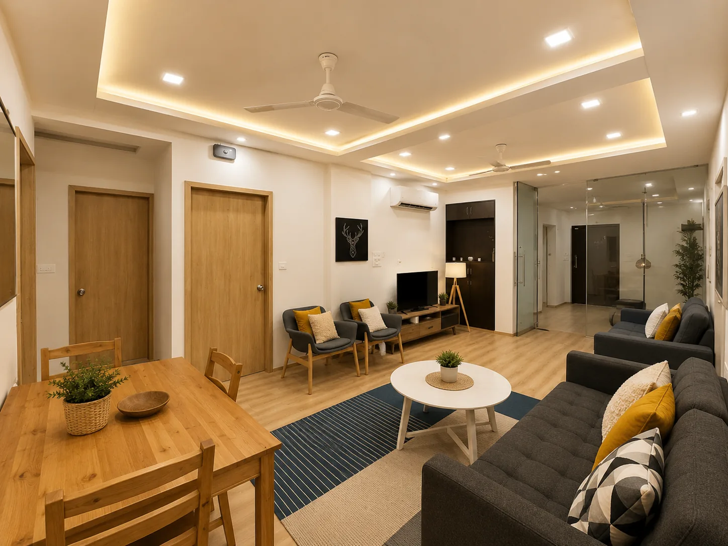 Wide view of the living and dining area